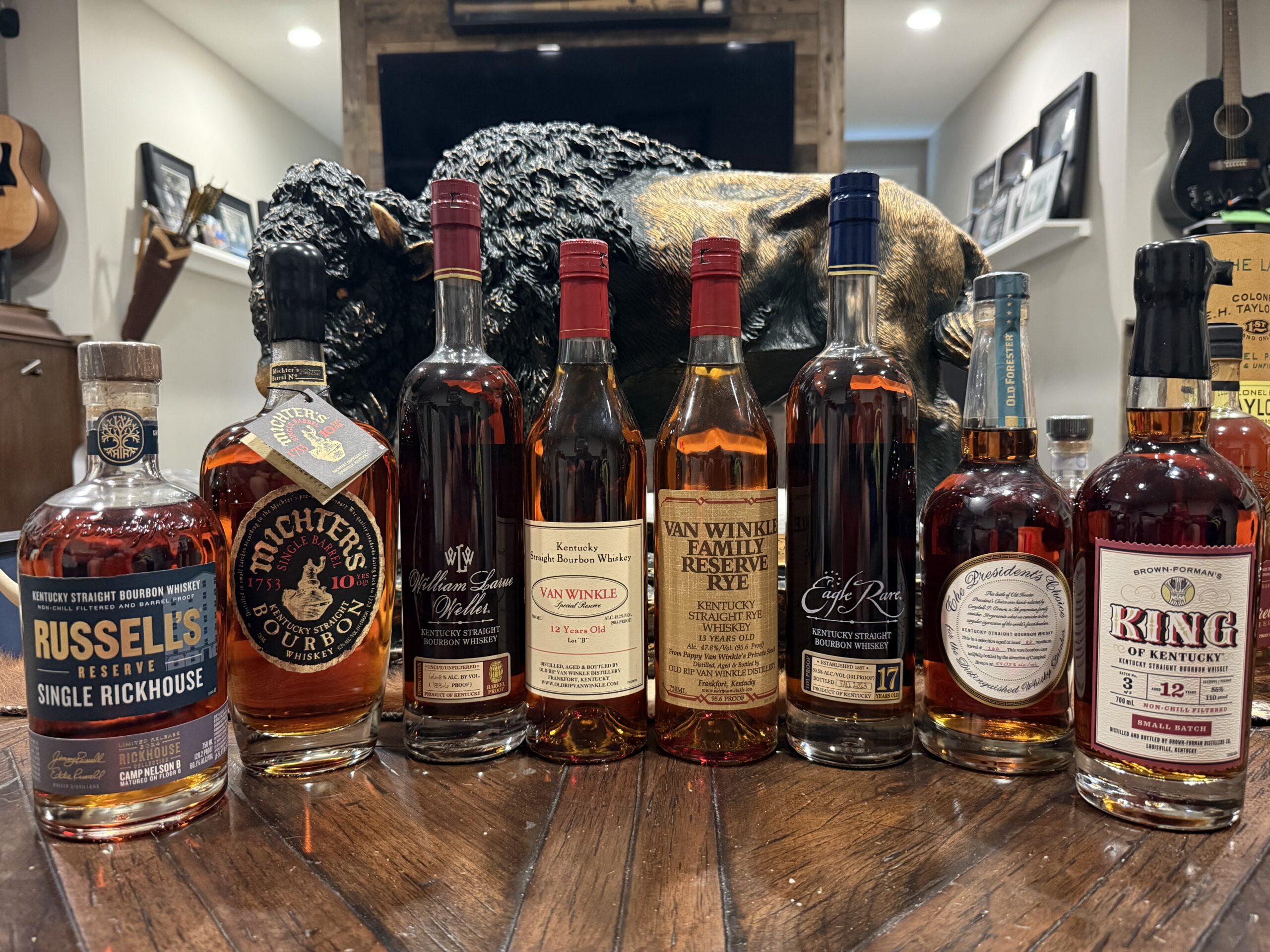 bottles of allocated bourbon on table