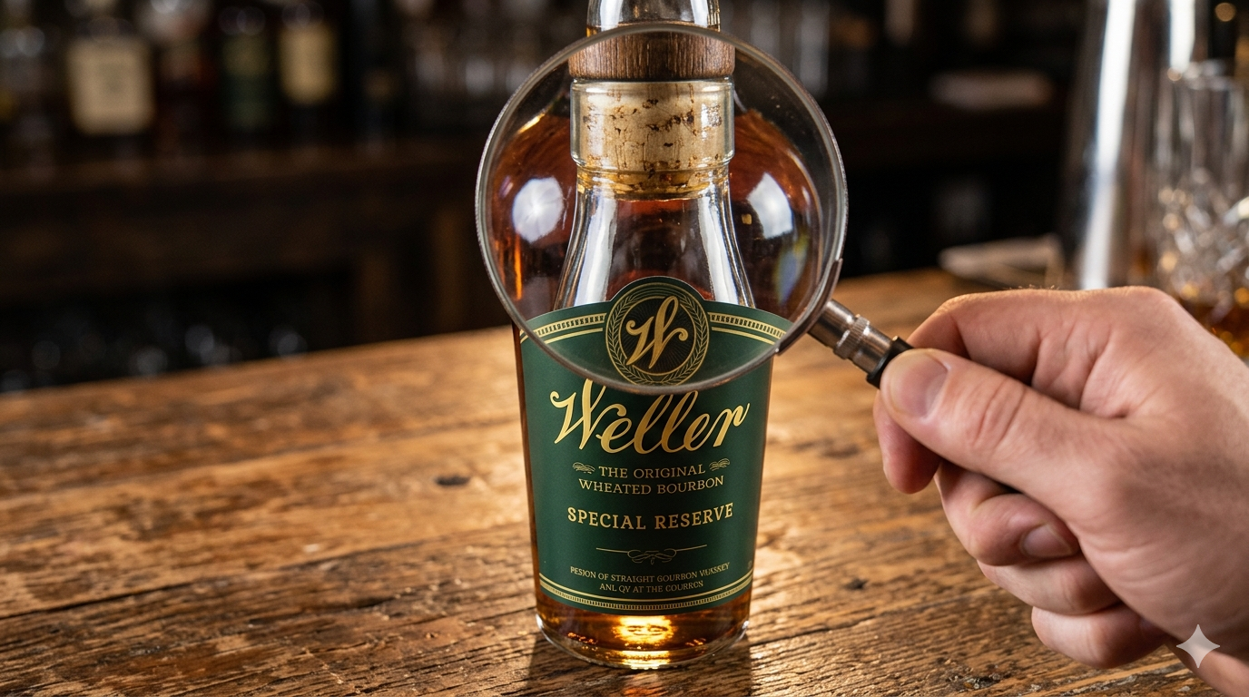 bottle of weller whiskey with focus on bottles neck